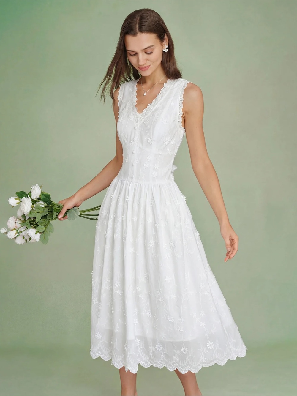 Rihoas White V Neck Embroidery Midi Dress